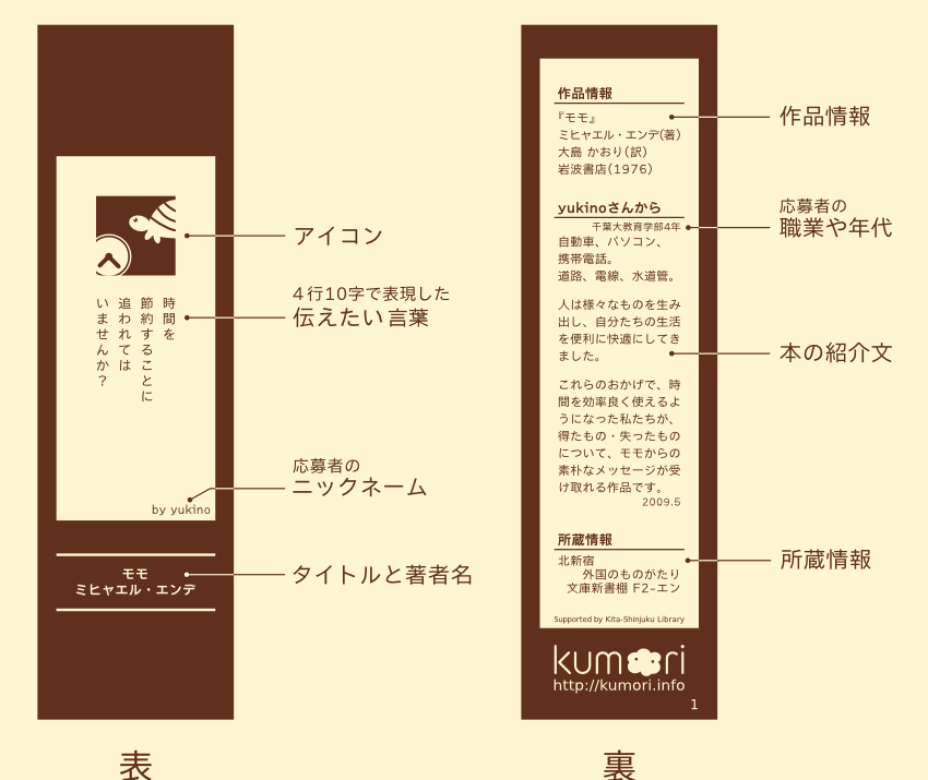 kumoriの表には伝えたい言葉と作品情報が掲載. 裏面には本の紹介文とより詳しい作品情報と所蔵情報が掲載.